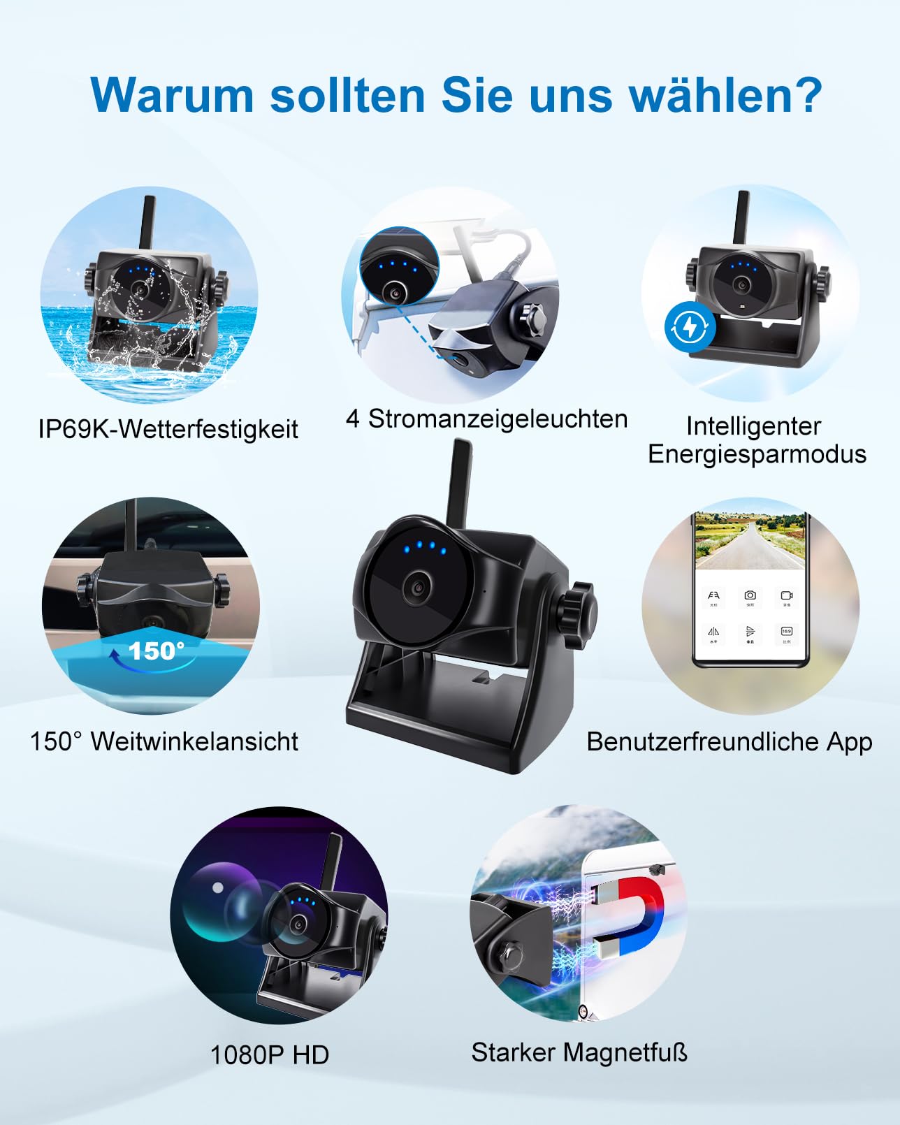 1080P Magnetische kabellose Rückfahrkamera WiFi mit langlebigem Akku 90 Tage Standby Nachtsicht IP69K für LKWs Anhänger