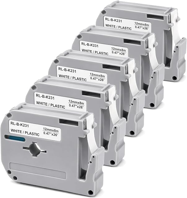 5-Pack MK231 Remplacer Brother P Touch M Tape 12mm 0.47 Blanc pour PT-M95 PT65 | M-K231 M231 P Touch M Label Tape. Fit with Brother PTM95 PT-65 PT-70 PT-80 PT-90 PT-55 PT-45 PT85 Marqueur d'étiquettes. Blanc de 1/2 pouce