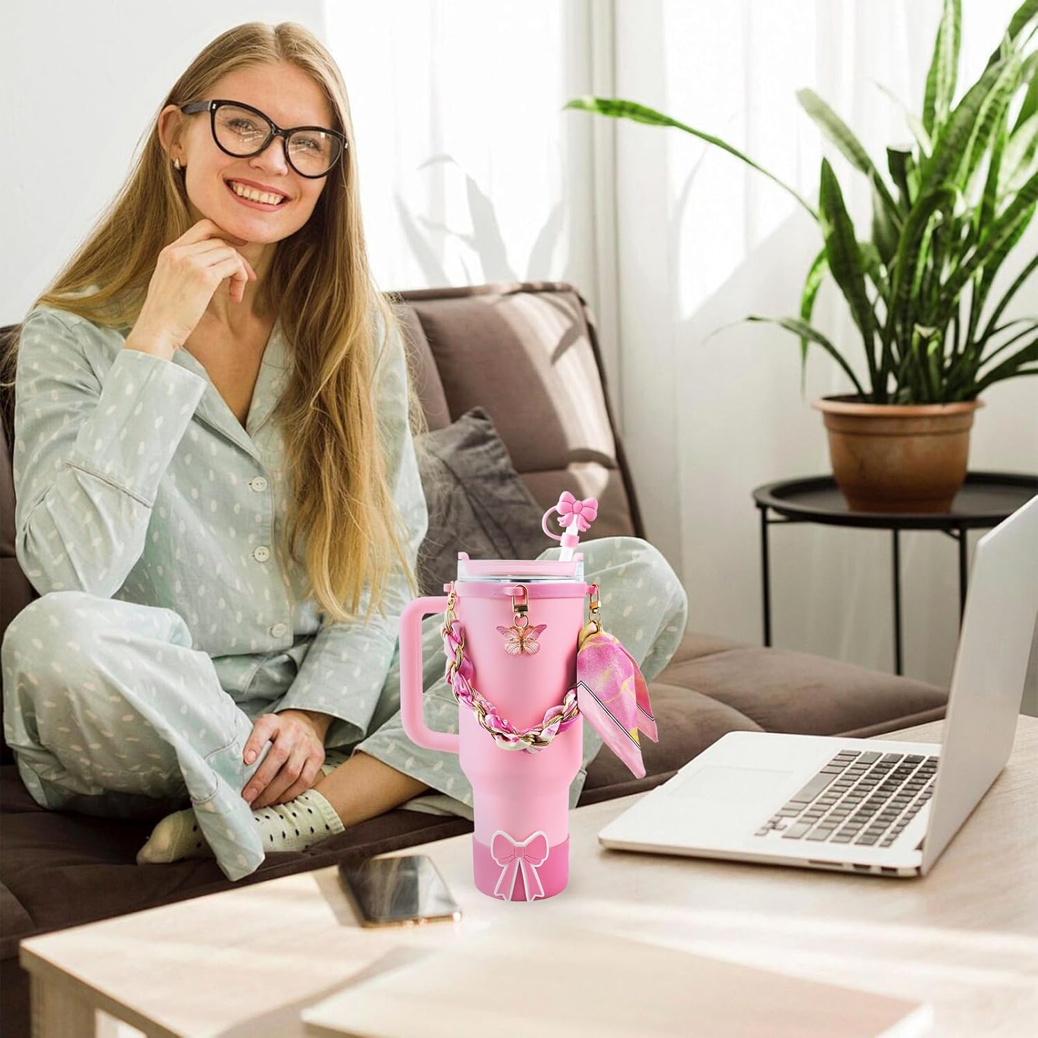 OFFCURVE 5PCS Butterfly Cup Accessories for Stanley Owala, Water Bottle Handle Strap for Stanley 30/40 oz, Including Straw Toppers, Silicone Cup Boot, Keychain Charms, Cup Decoration for Women Girls - Image 6