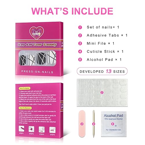 Miniatura 3 de EchiQ - Uñas postizas cortas redondas y negras, diseño simple, punta de uñas francesas profesional para estudiantes, oficina, dama