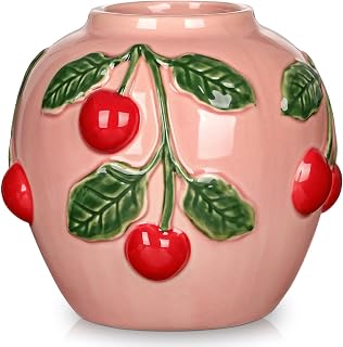 Pink Ceramic Cherry Vase for Flowers - 5.9" Cherry Shaped Decorative Ceramic Fruit Vases 3D Embossed Cute Flower Vase Small Fruit Vases for Table Centerpiece Kitchen Home Decor Housewarming Gift