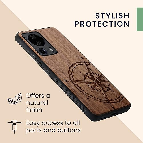Miniatura 8 de kwmobile Funda de madera compatible con Xiaomi 13 Lite 5G - Funda - Brújula de navegación marrón oscuro