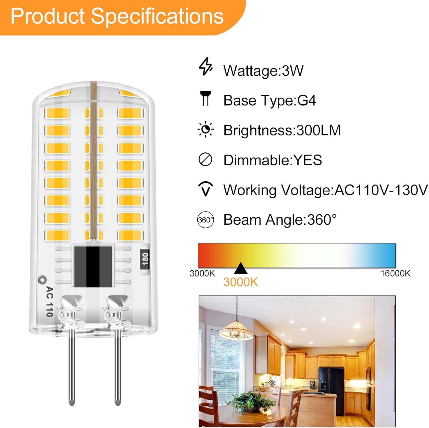 G4 LED Bulb 120V Dimmable 3W(20W 30W Halogen Equivalent) Warm White 3000K G4 Bi-Pin Base LED Bulb(Cannot be Used at Low Voltage 12V) G4 LED 110V- 130V - Pack of 5