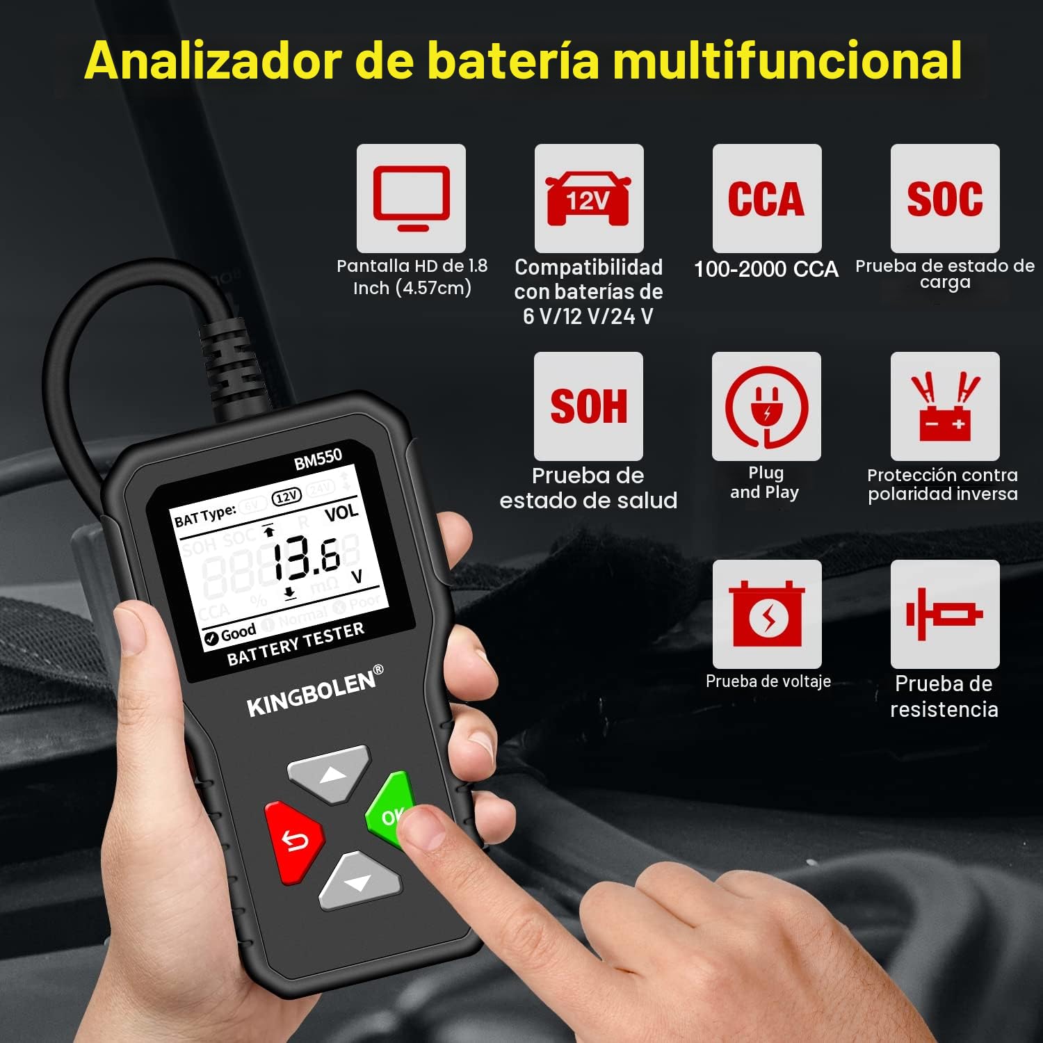 KINGBOLEN Comprobador de baterias de coche 24V/12V/6V, BM550 2-220Ah 100-2000 CCA arrancador baterias coches comprobador de pilas para coche Motocicleta ATV SUV Barco Sistema de prueba y arranque