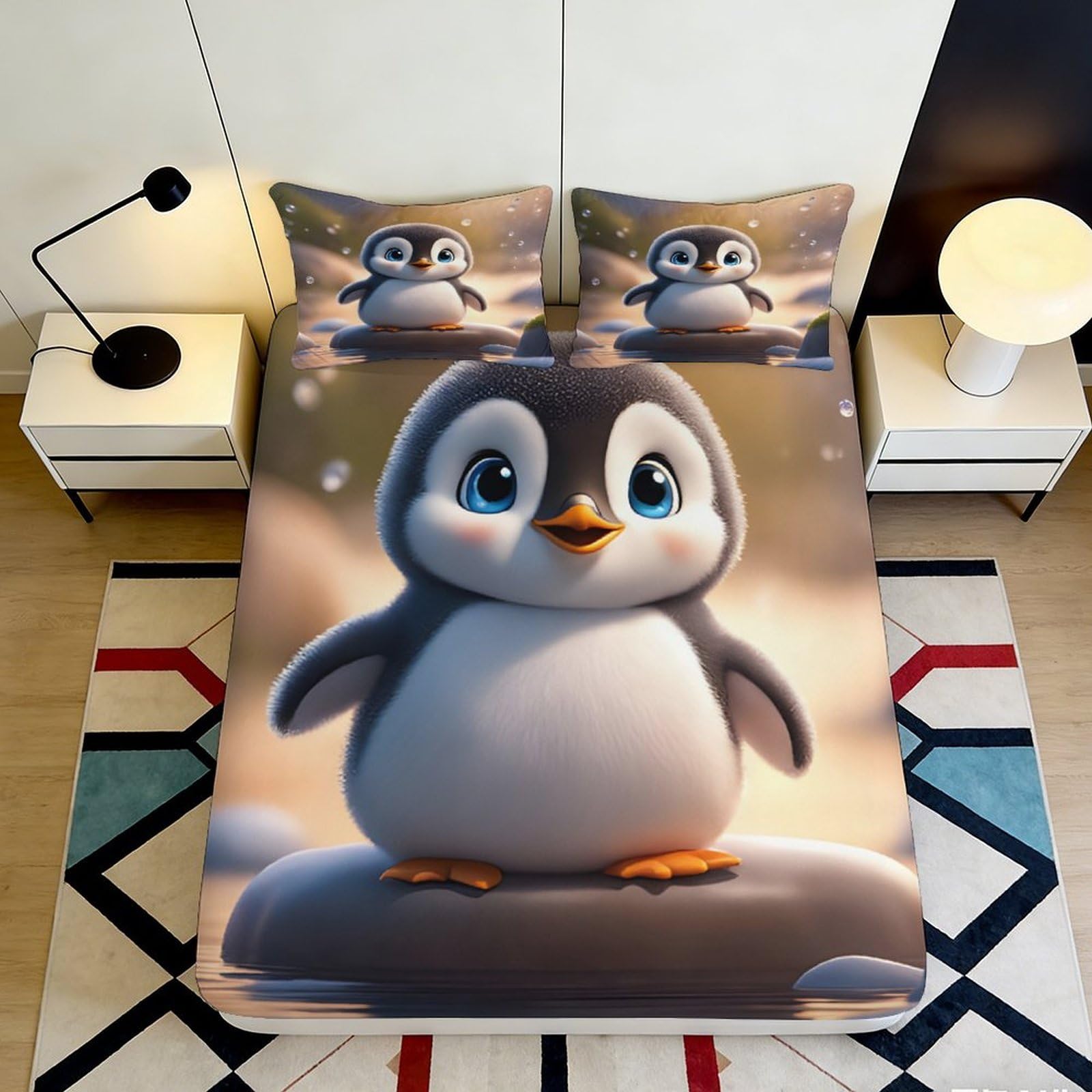 Jqzkxnhpbr Style-1 3D Printed Cute Penguin Fitted Sheet Microfiber Soft Bed Cover Cartoon Animal Mattress Protector Bedroom Dorm 90X200x25cm