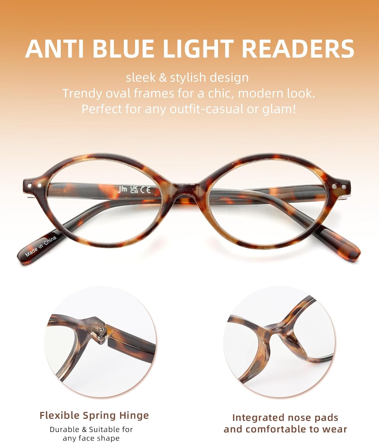 JM 5 Pack Oval Reading Glasses for Women, Trendy Blue Light Blocking Computer Readers with Spring Hinges - Image 6