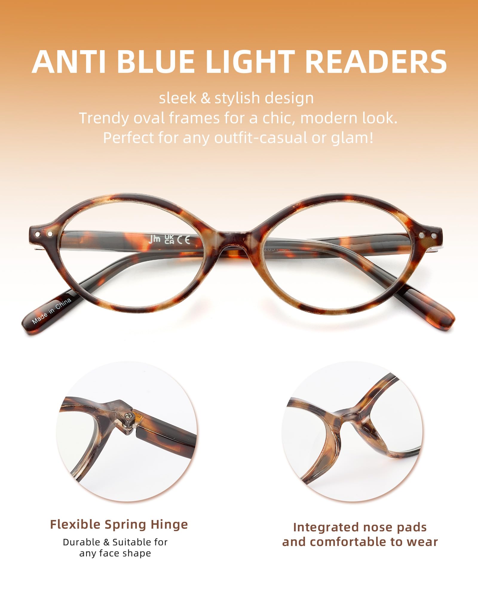 JM Lot de 5 lunettes de lecture ovales pour femmes, tendance, bloquant la lumière bleue, avec charnières à ressort