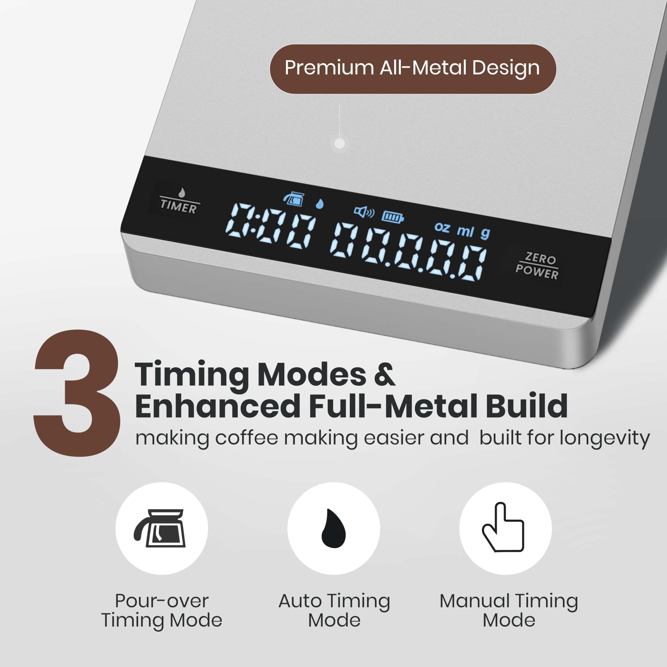 Maestri House Mini balance à café avec minuterie, rechargeable, 2 kg/0,1 g, balance de précision pour expresso et pour-over, balance de cuisine numérique portable avec chronométrage automatique