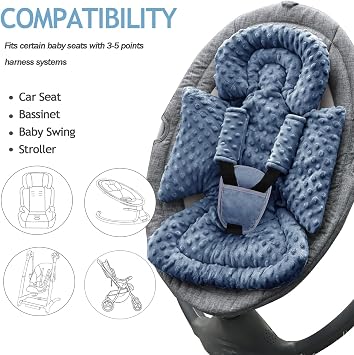 Infant Car Seat Insert with 3 Strap Covers, 3 in 1 Reversible Floral Baby Car Seat Head Support for Newborn, 3D Soft Carseat Cushion for Preemie to Infant, Stroller, Swing, Blue