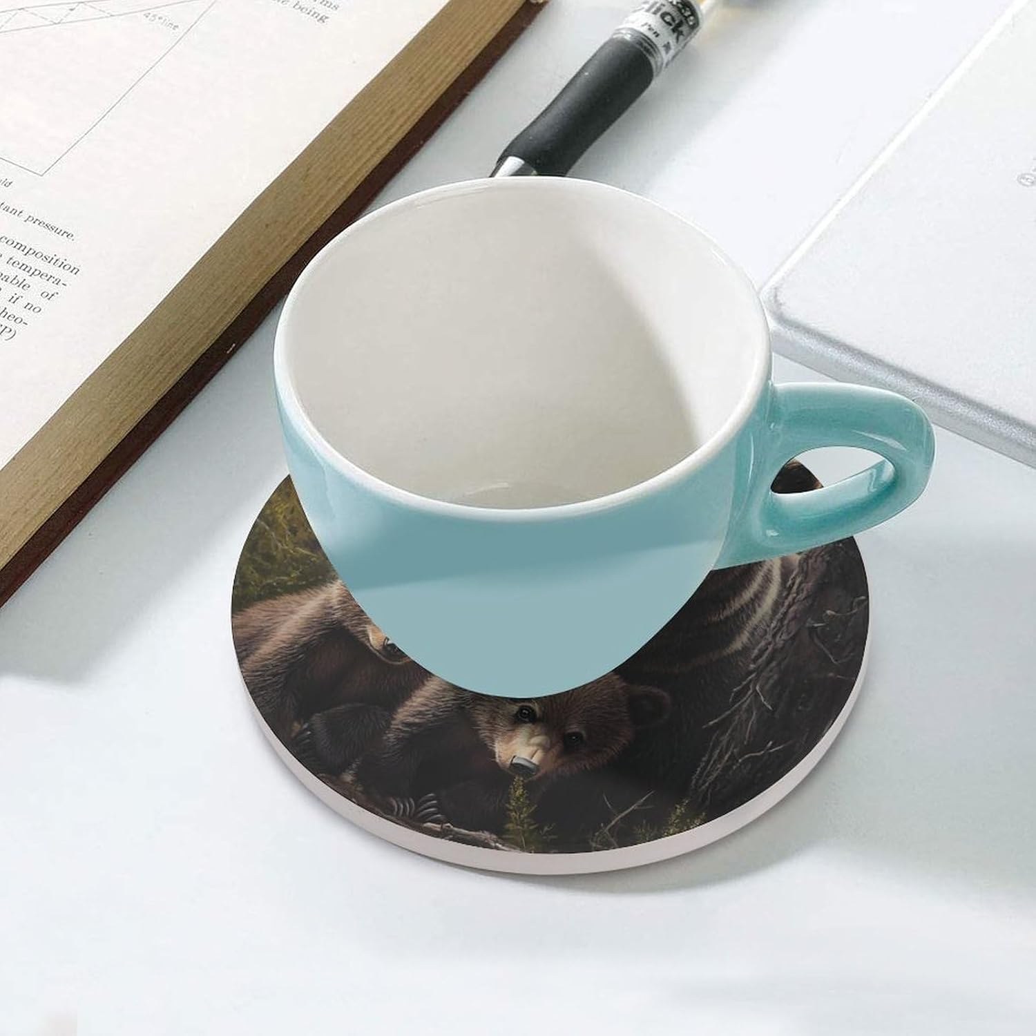 Bear Family Coasters for Drink Round Ceramic Coaster with Cork Base Home Decorative 6PCS