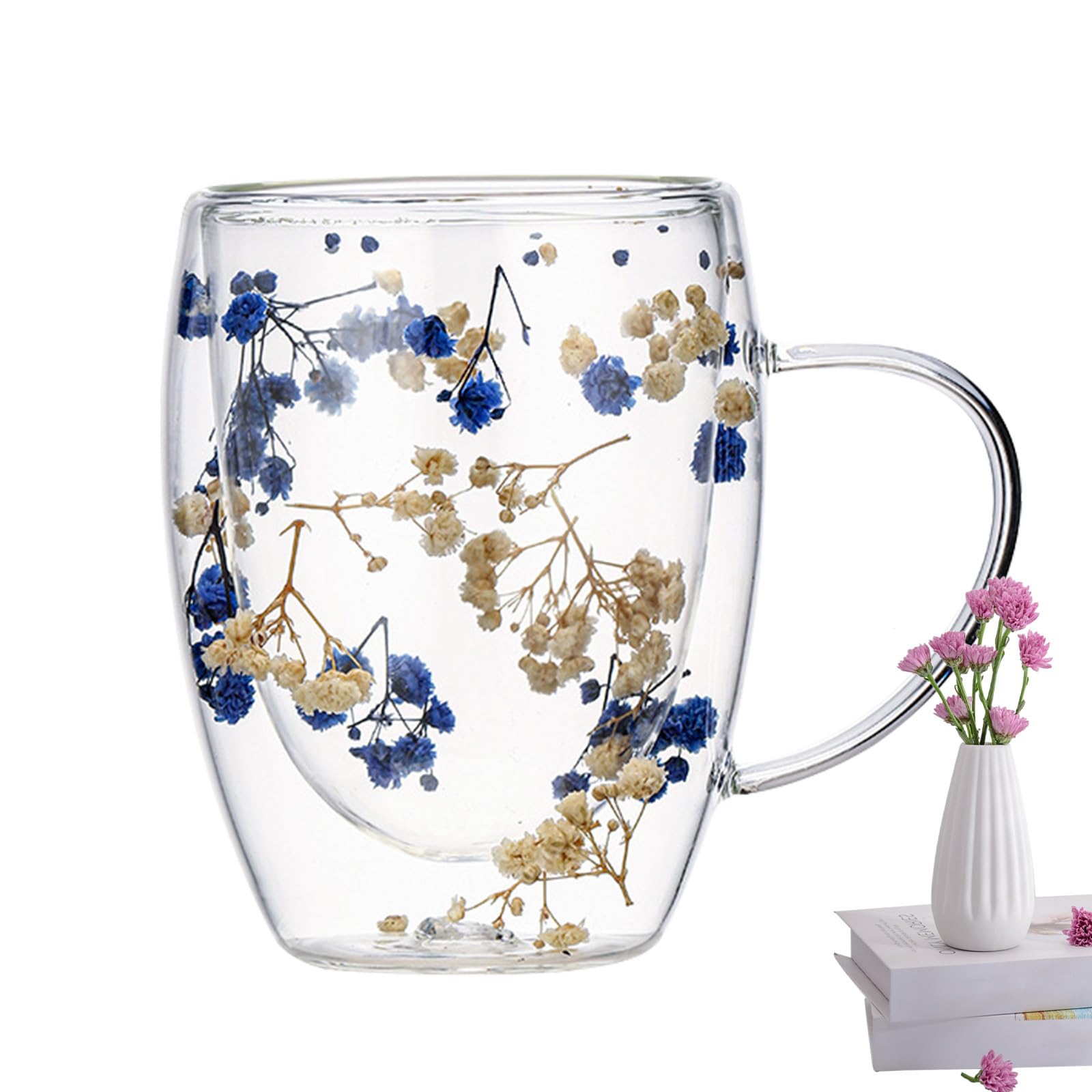 Tazze Caffè Doppia Parete Vetro Trasparenti Fiori Secchi - Tazze Vetro Trasparenti Fiori Secchi Tazze Vetro Creative Con Manico Tazza Vetro Doppio Isolato Tazze Caffe Vetro 350ml~p184250319