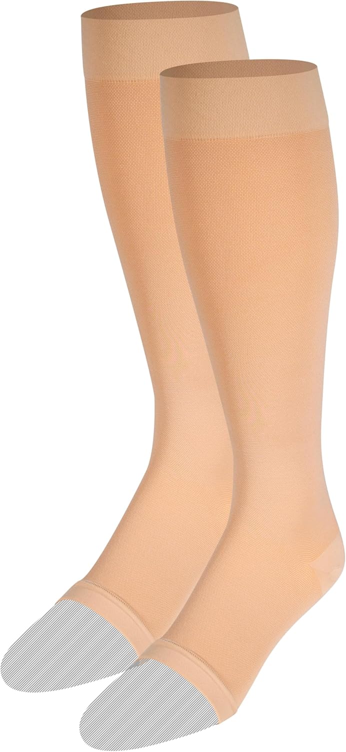 NuVein Medical Compression Stockings, 30-40 mmHg Support, Women & Men Knee Length, Open Toe, Beige, 2X-Large Beige 2X-Large 30 - 40 mmHg