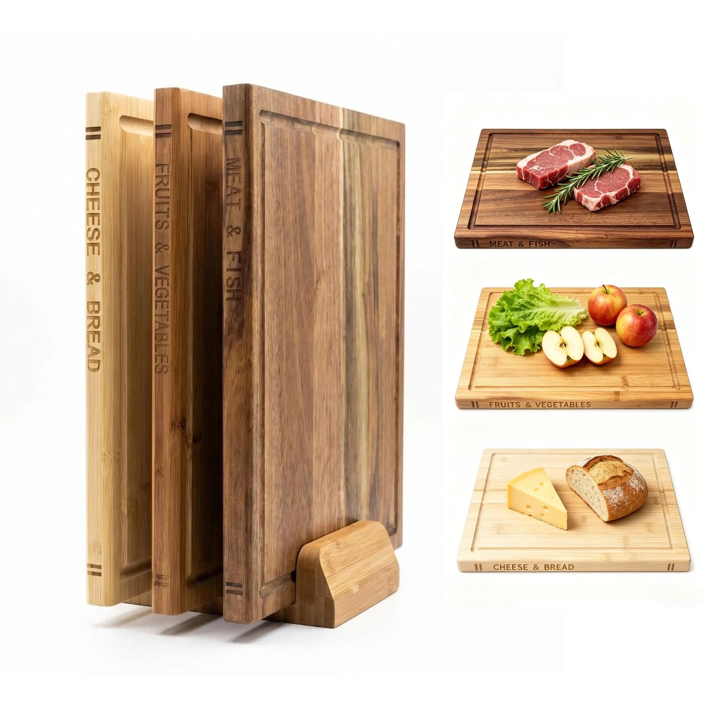 Book Cutting Board Set with Stand, 1 Acacia & 2 Bamboo, Kitchen Decor | Pre-Oiled Finish, Natural Wood, No Paint, Stable Divided Stand, Categorized for Differen