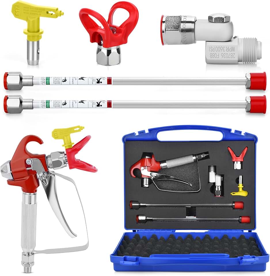 7PCS Airless Kit Pistolet de Peinture avec Pistolet de Peinture AIRLESS 3600 PSI,1 Protecteur de buse,1 buse 517 réversible, 2 tiges d'extension,1 Joint Rotatif et boîte de 1 Boîte de Rangement