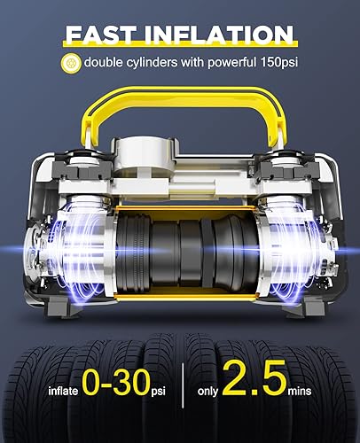Miniatura 2 de Inflador de Neumáticos Compresor de Aire, 150PSI 12V DC Doble Cilindros Bomba de Aire Portátil de Servicio Pesado con Luz LED de Emergencia