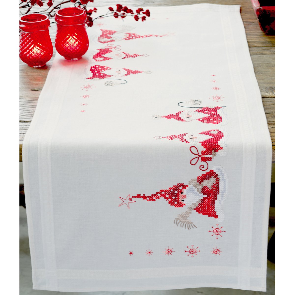 Vervaco Embroidery Christmas Embroidery Kits Cross Stitch Table Runner DIY Set, Tablecloth to Embroider with Image on Cotton and Embroidery Thread, 16 x 40 Inches, Three Christmas Gnomes