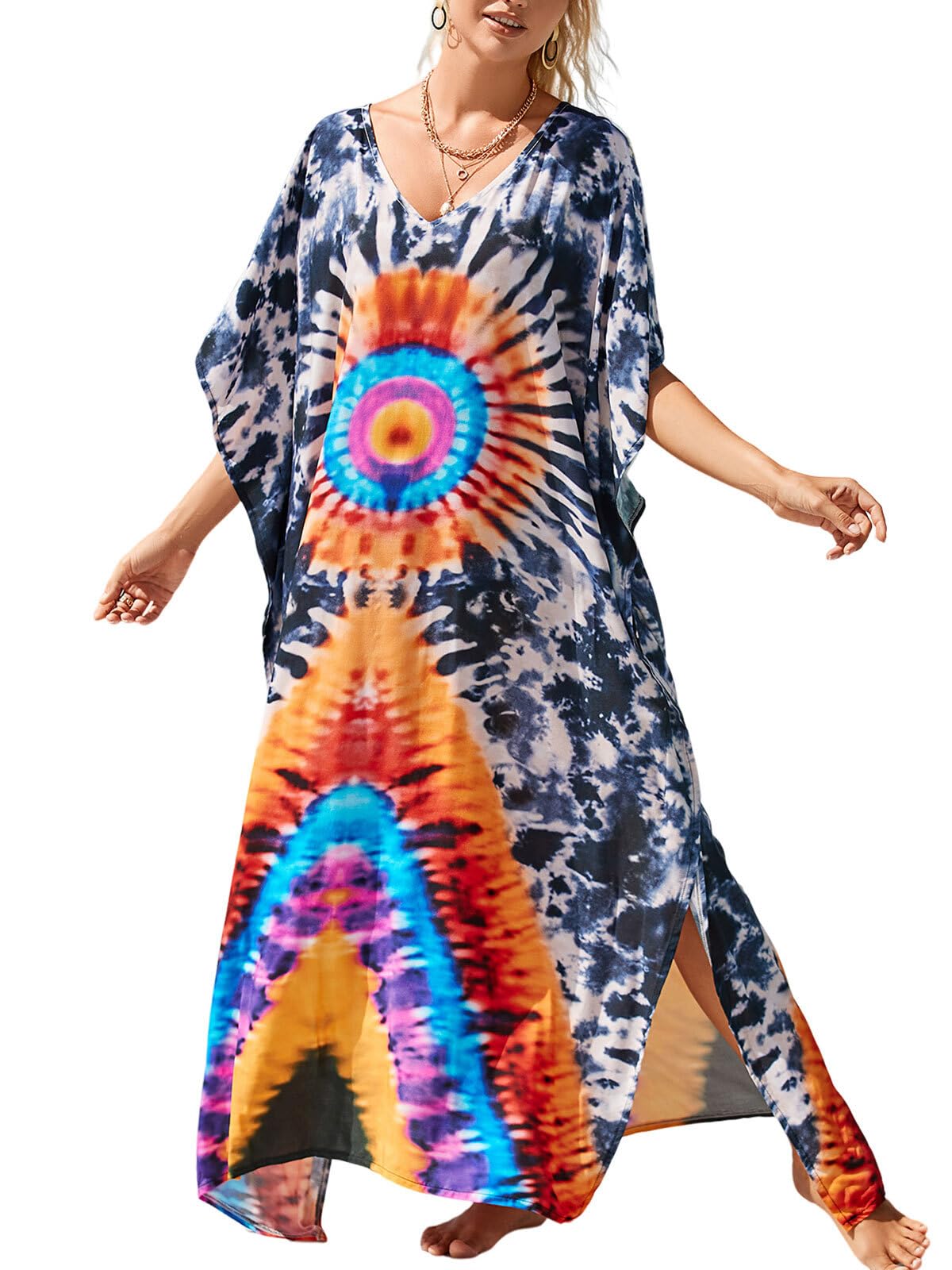 IMAGEKOPEKaftan Dresses for Women Plus Size Bathing Suit Cover up Vneck Batwing Dress Loose fit Moroccan Caftan mumu Dresses