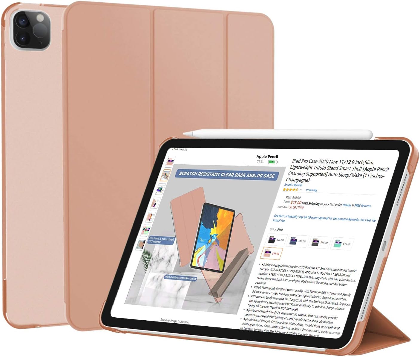 IPad Pro 11 case 2020& 2018, Lightweight Trifold Stand Cover for iPad Pro 11 2nd Gen 2020 [Apple Pencil 2 Charging Supported] Auto Sleep/Wake-Pink