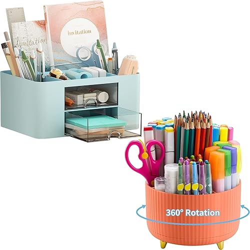 Marbrasse Organizador de bolígrafos con 2 cajones + soporte giratorio de 360 grados para escritorio