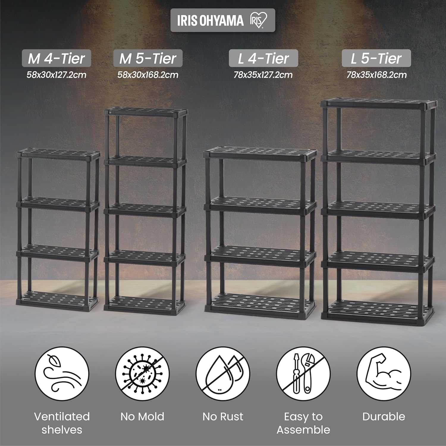 Iris Ohyama, Lot de 2 Etagere de Rangement Plastique Résistante, Capacité de 100 kg, Facile à Assembler, 4 étages, sans BPA, Etagere Garage, Cuisine, Rangement pour Espace de Travail, PRS-M4, Noir