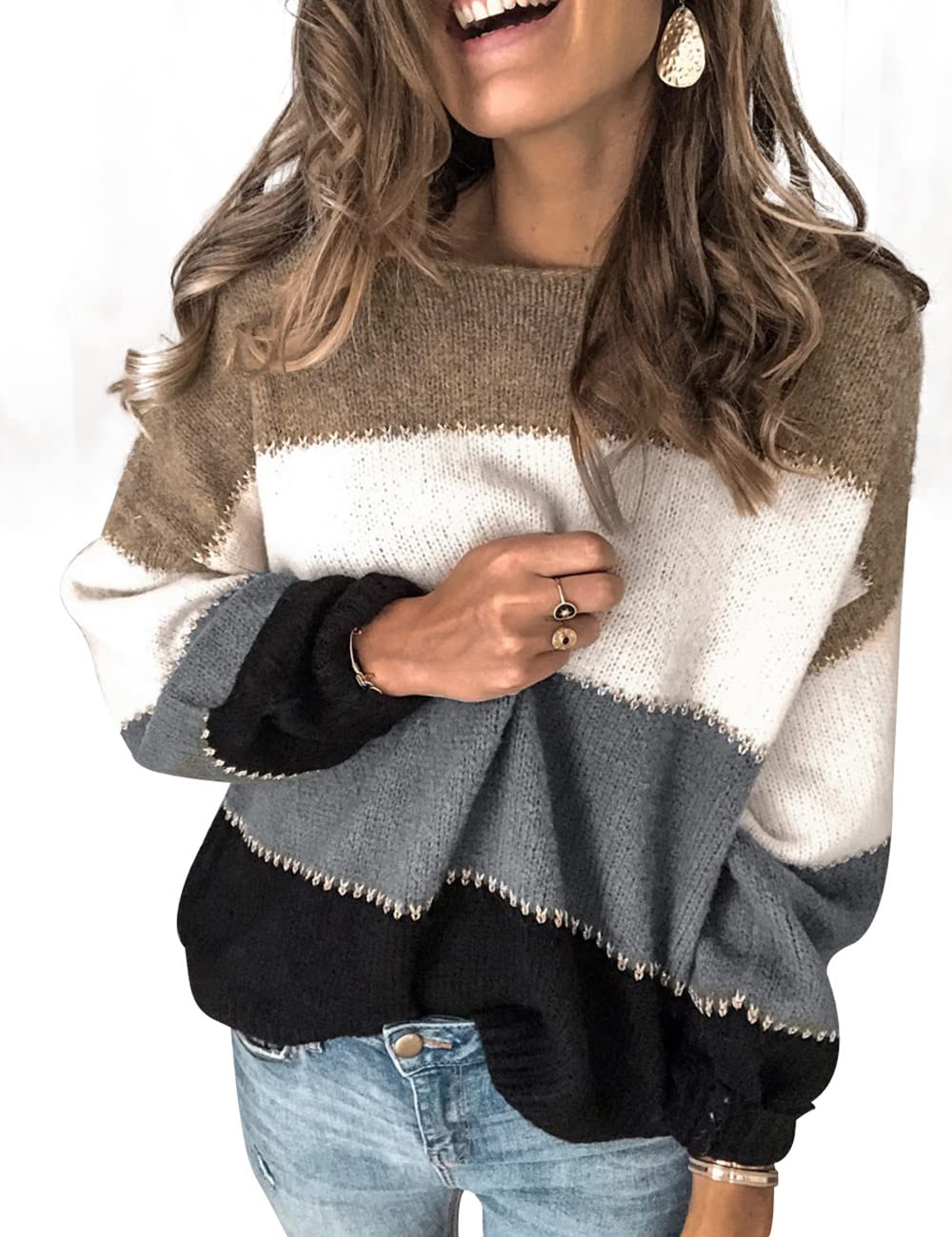 heekpek Maglione Donna Invernale Color Block Maglione di Punto per Donna Knitted Sweater Oversize Casual Pullover Top Lavorato a Maglia per Autunno Invernali Primavera