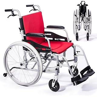 Hi-Fortune Magnesium Wheelchair 21lbs Lightweight Self-propelled Chair with Travel Bag and Cushion, Portable and Folding 17.5” W Seat, Park & Brake Anti-Tipper, Swing-Away Footrests, Ultra-Light, Red