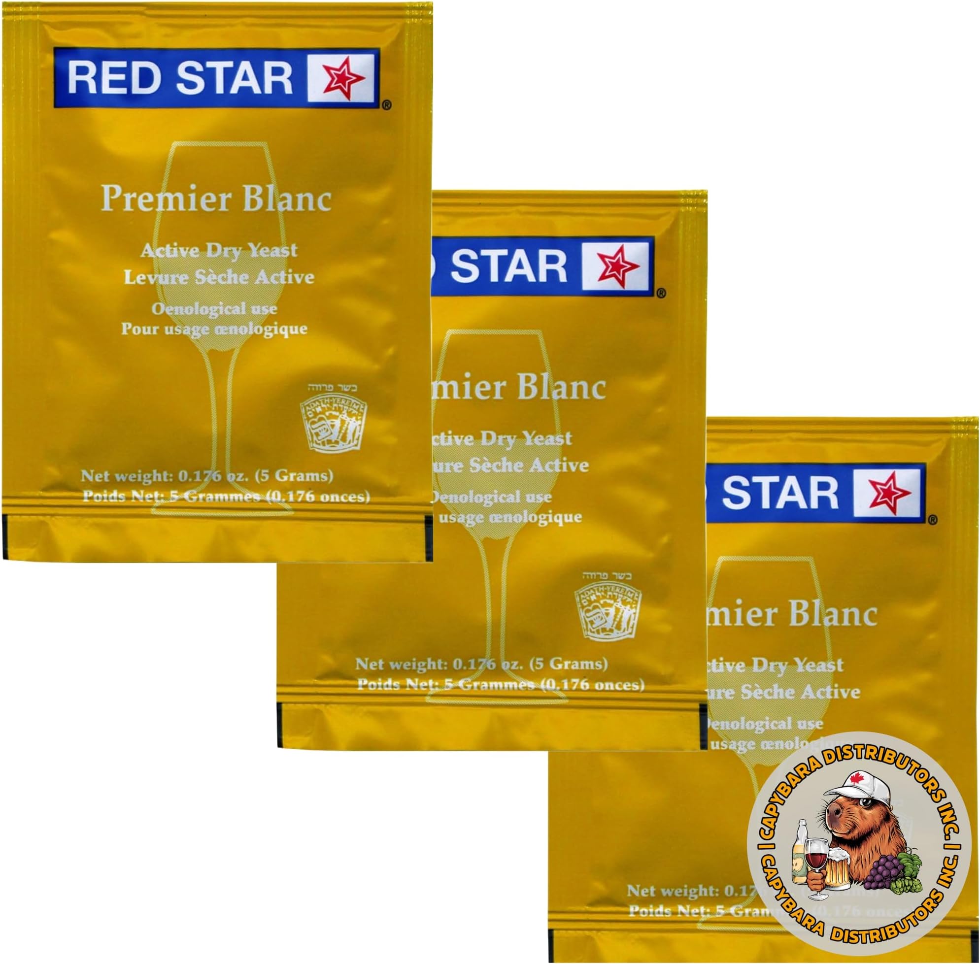 Red Star Premier Blanc Wine Yeast (3 Pack) - Great for Making Wine Cider Mead Kombucha at Home - 5 g Sachets - Saccharomyces cerevisiae - Sold by CAPYBARA Distributors Inc.