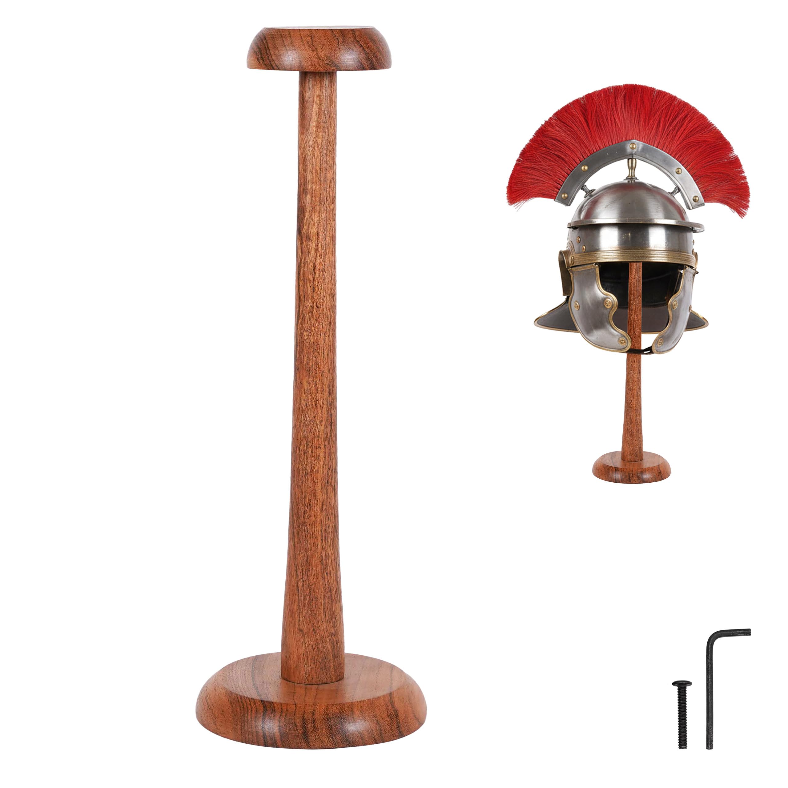 Mythrojan Support de casque en bois, présentoir polyvalent pour casques médiévaux, chapeaux, accessoires | Présentoir rond sur pied pour chapeaux de mode, casques médiévaux, 14,5 pouces – Naturel