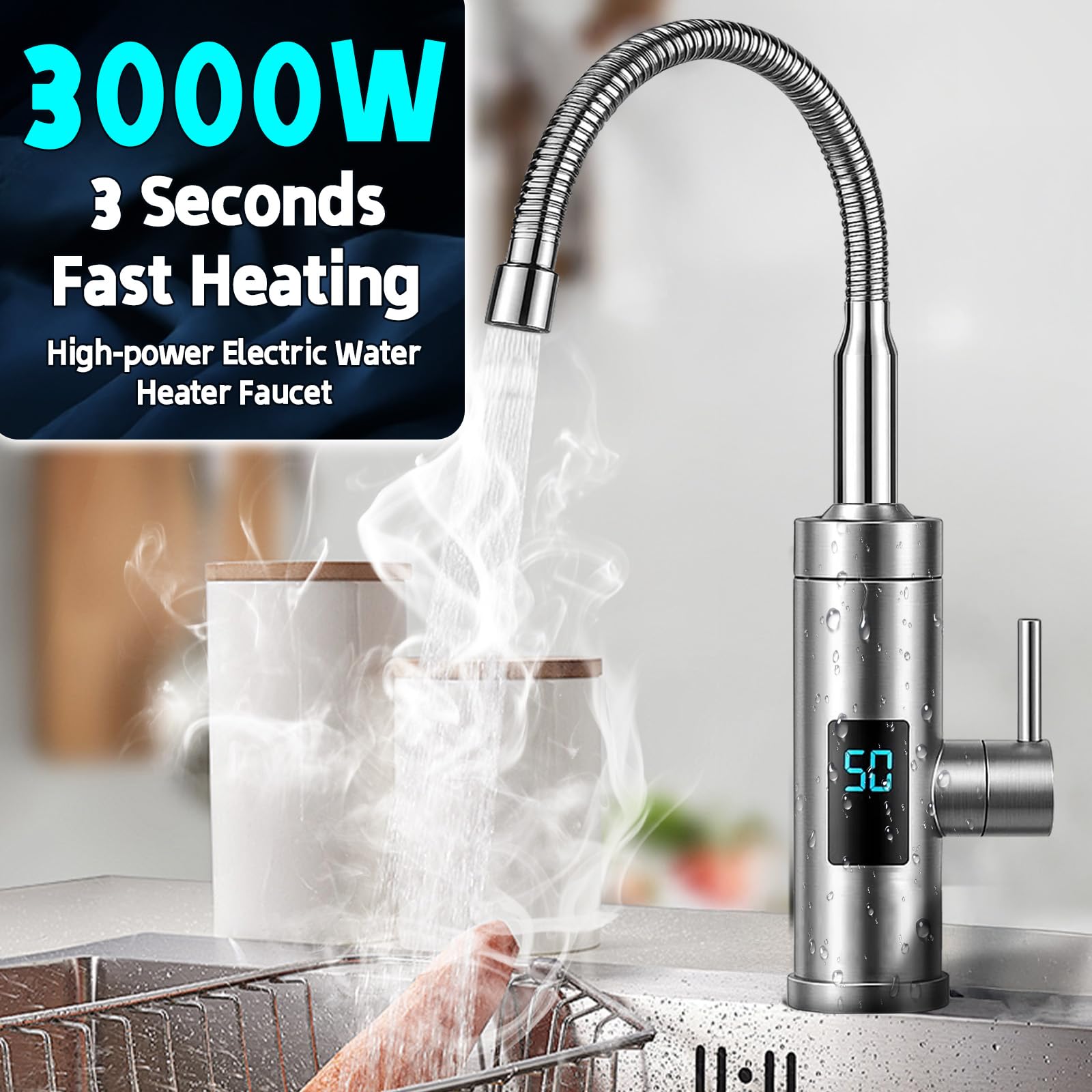 Wasserhahn mit Durchlauferhitzer,220V 3000W 360° Edelstahl Durchlauferhitzer Küche mit LED Temperaturanzeige, Max.50℃, Sicherheitsabschaltung, Elektrischer Smart Heater für Küche Spüle Wohnwagen