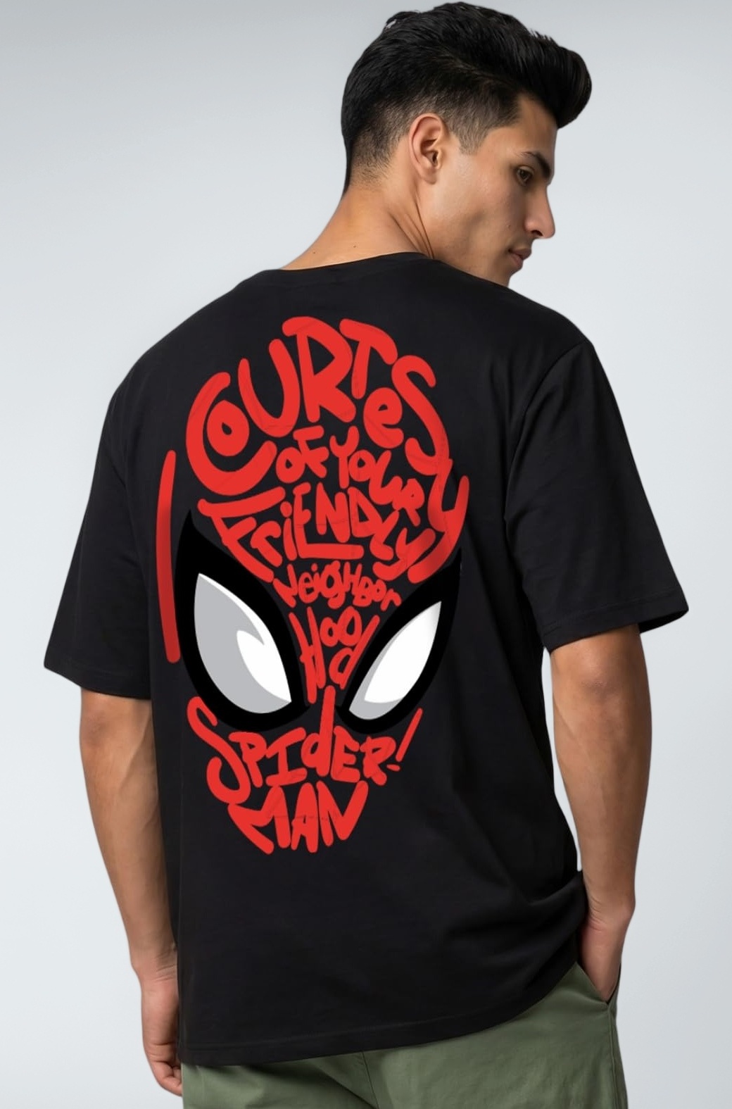 Veirdo Men's Black & White Friendly Neighborhood Spiderman Pure Cotton Typographic Printed Half-Sleeve Fashionable & Stylish Oversized-Fit T-Shirt for...