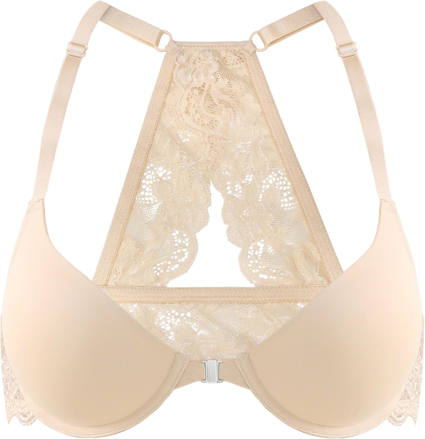 Front Closure Bras for Women Lace Racerback Sexy Plunge Lightly Padded Smooth Tshirt Underwire Push Up Bra(Nude, 38A)