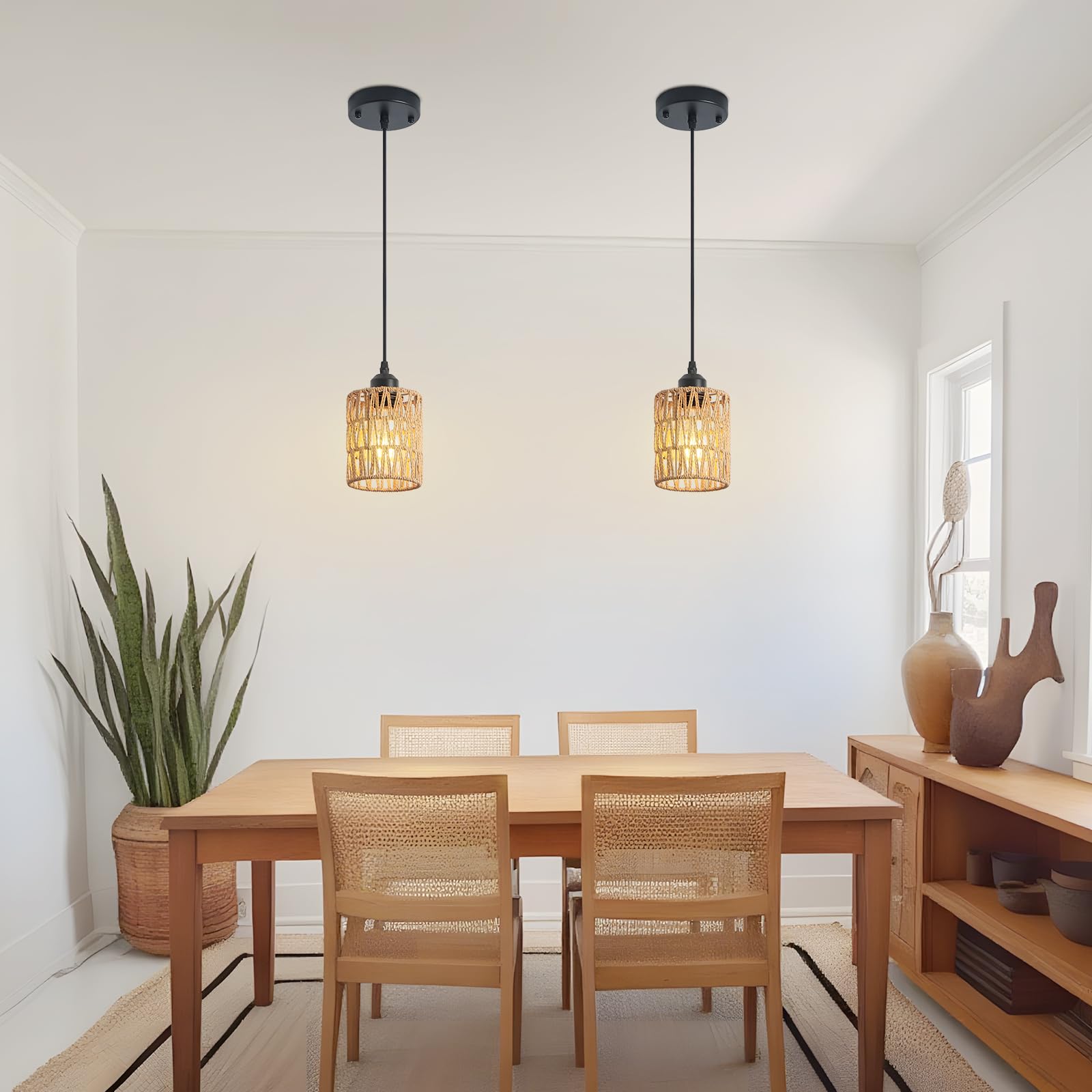 Lámpara colgante de ratán para isla de cocina, lámpara bohemia de granja, lámpara colgante de altura ajustable para comedor, lámparas de techo de cocina pequeñas con pantalla de mimbre tejida a 8