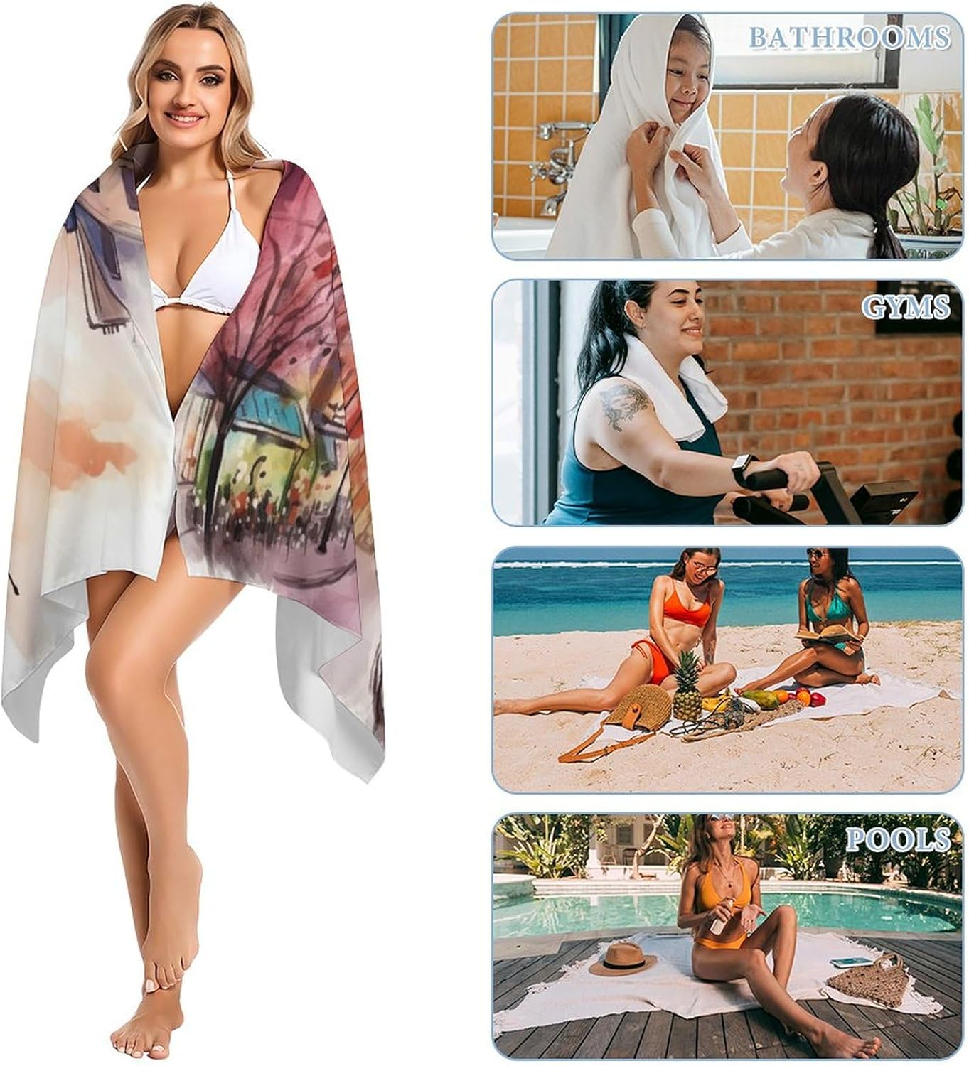 Watercolor Paris Beach Towel Sand Free Quick Dry Absorbent Towels 32 X 63 in, Lightweight Large Travel Towel for Pool, Camping, Yoga, Swimming