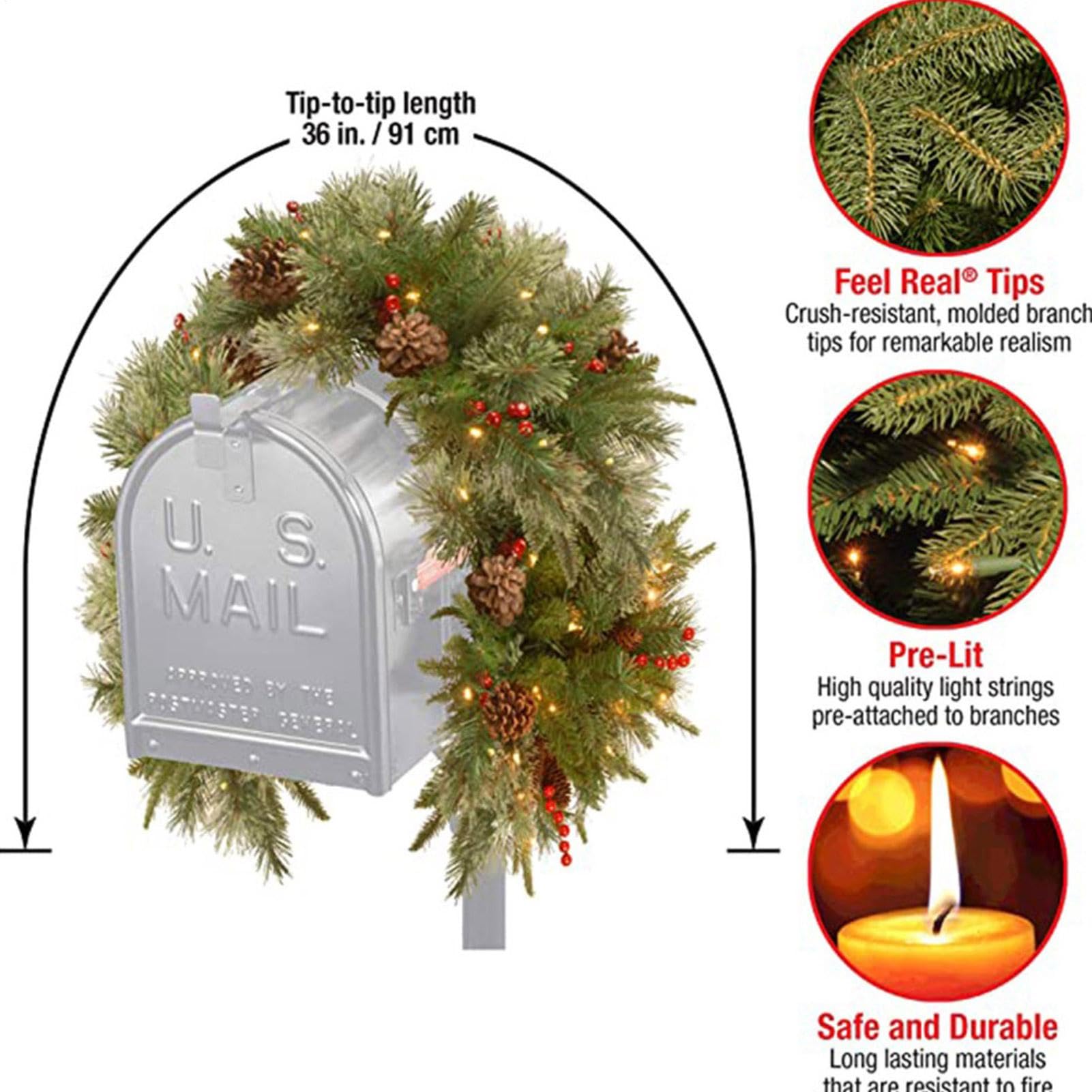 Christmas Evergreen Mailbox Swag - Led Christmas Mailbox Swag | Mailbox Wreath | Artificial Rattan Decorations | Outdoor Holiday Decorations with Lights | Glowing Dead Branches for Front Door