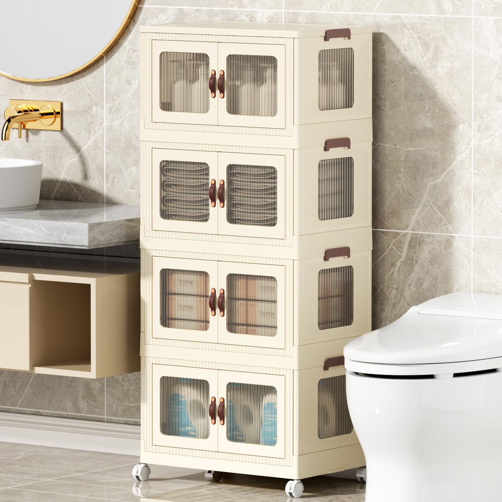 villertech Stackable Storage Bins 30 Qt, Collapsible Storage Bins with Lids and Doors, Open Front Folding Storage Box with Wheels Plastic Storage Containers Closet Organizers (4 Tier)