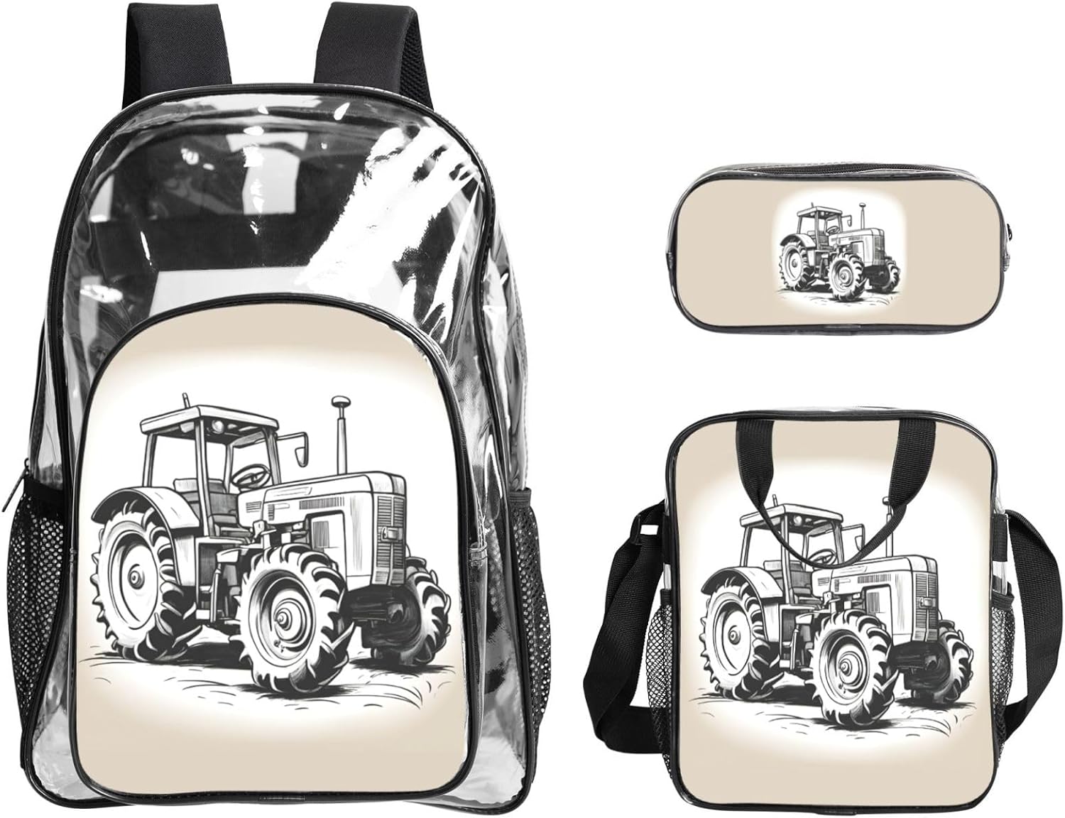 Cartoon Tractor 1 Print Unisex Transparent Backpack Set Travel Outdoor With Clear 3-Piece Lunch Pen Case