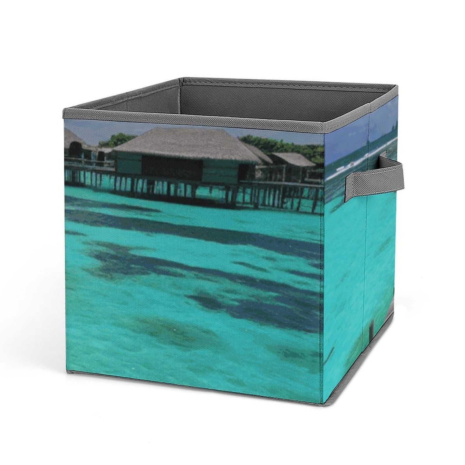 DWVTSLH Maldives Scenery Cube Storage Bins with Handle, Foldable Storage Cubes, 11 Inch Large Storage Baskets, Washable Fabric Closet Organizer for Shelves, Decorative Clothes Storage Boxes
