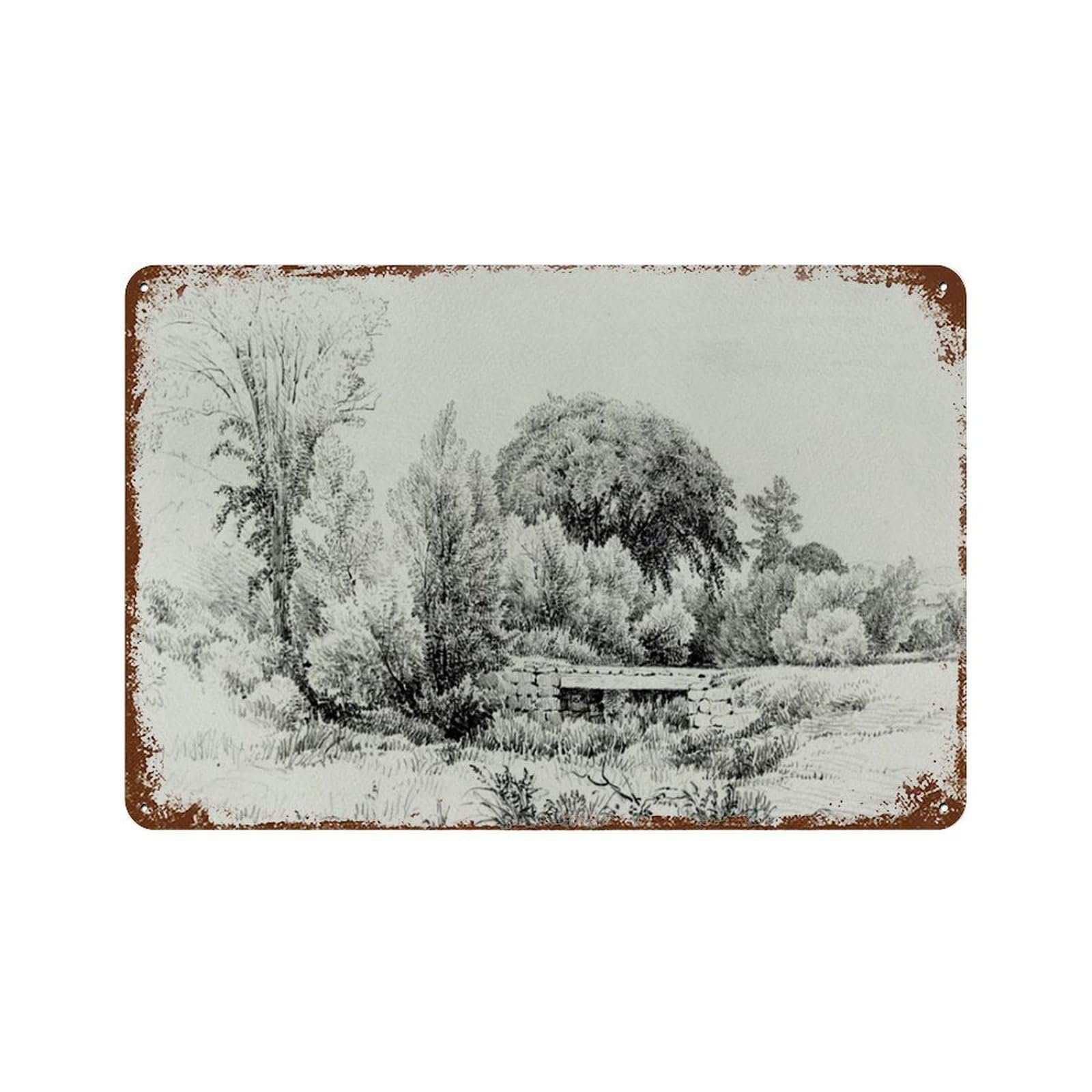 xiaoxiaoshen Vintage River Forest Drawing, Sketch Landscape， Able Wall Decor Art Metal Tin Poster Modern Home Decor Art Home Bar Shop Decorations Vintage Sign 20x30cm
