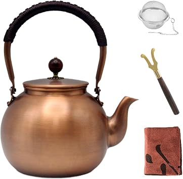 47.3oz Copper Tea Kettle for Stovetop Safe, Chinese Style Non-Coating Pure Copper Teapot with Tea Ball for Loose Tea, Handmade Solid Tea Pot with Non Slip Handle1400ml