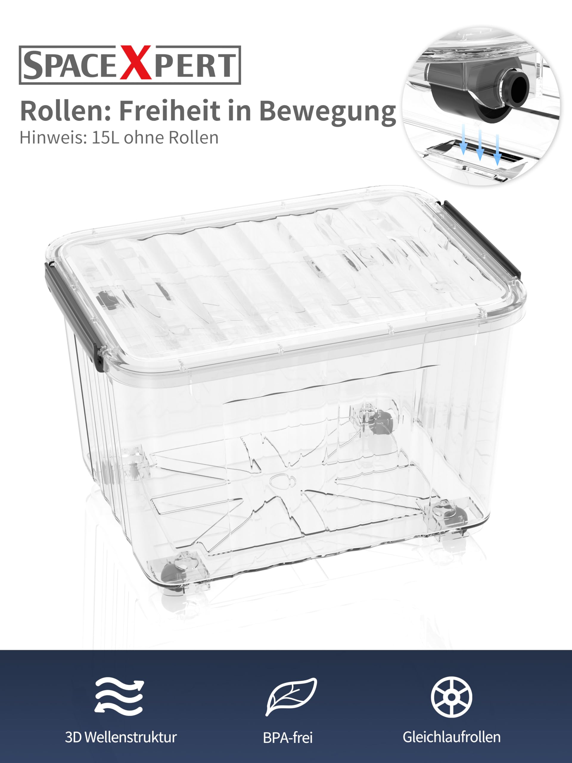 Aufbewahrungsboxen mit Deckeln,Lagerboxen mitLaufrollen, Kunststoff - Aufbewahrungslösungen für Zuhause, Büro und Schule, Ordnungsboxen, Stapelbar, Transparent, 35L(4er Set)