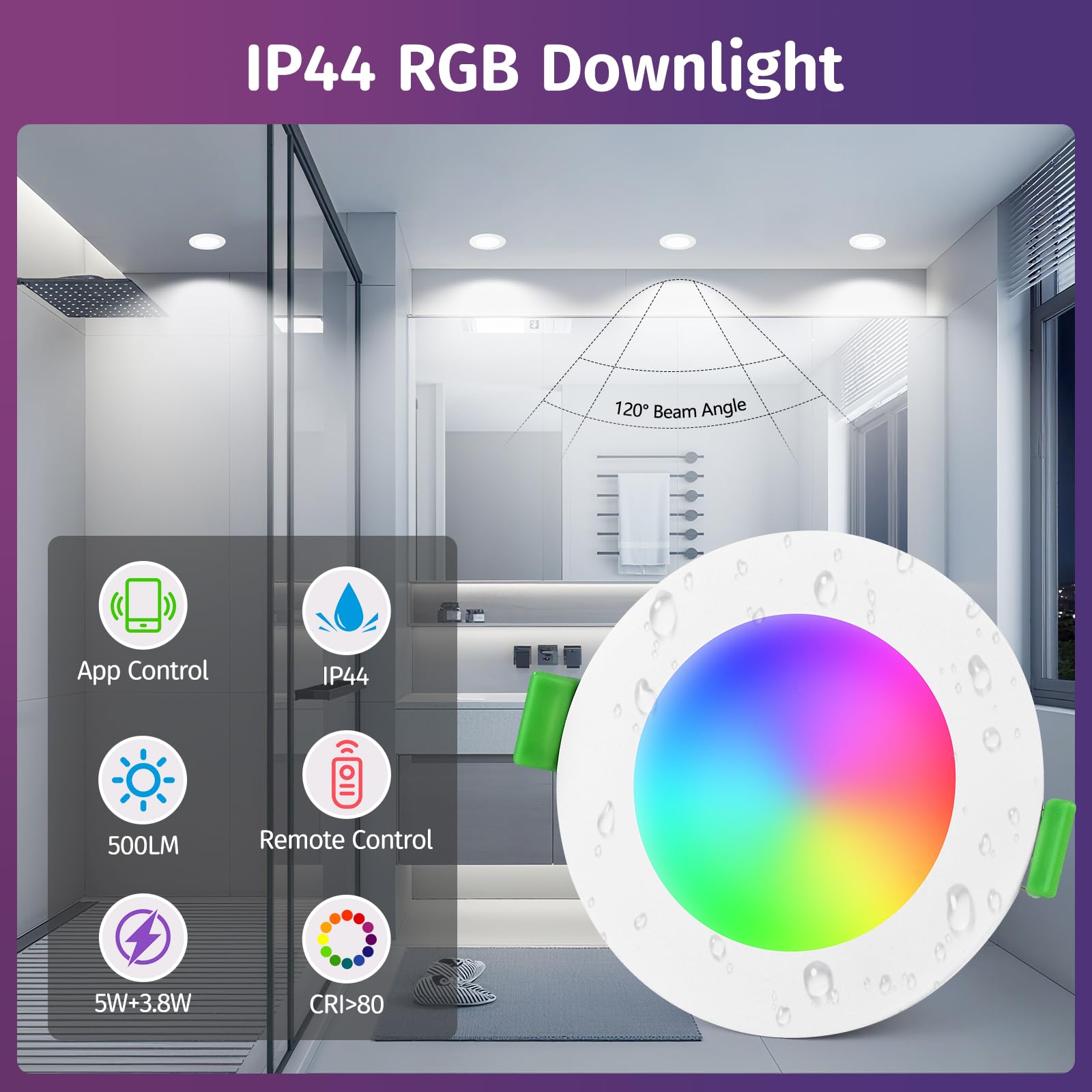 YindaLux Bluetooth Projecteur LED Encastré RGB 5W 230V, Lot de 4 Spots LED 2700K-6500K, Réglable en Luminosité, Commande via Application & Télécommande, Trou de Perçage 65-80mm, IP44, Blanc