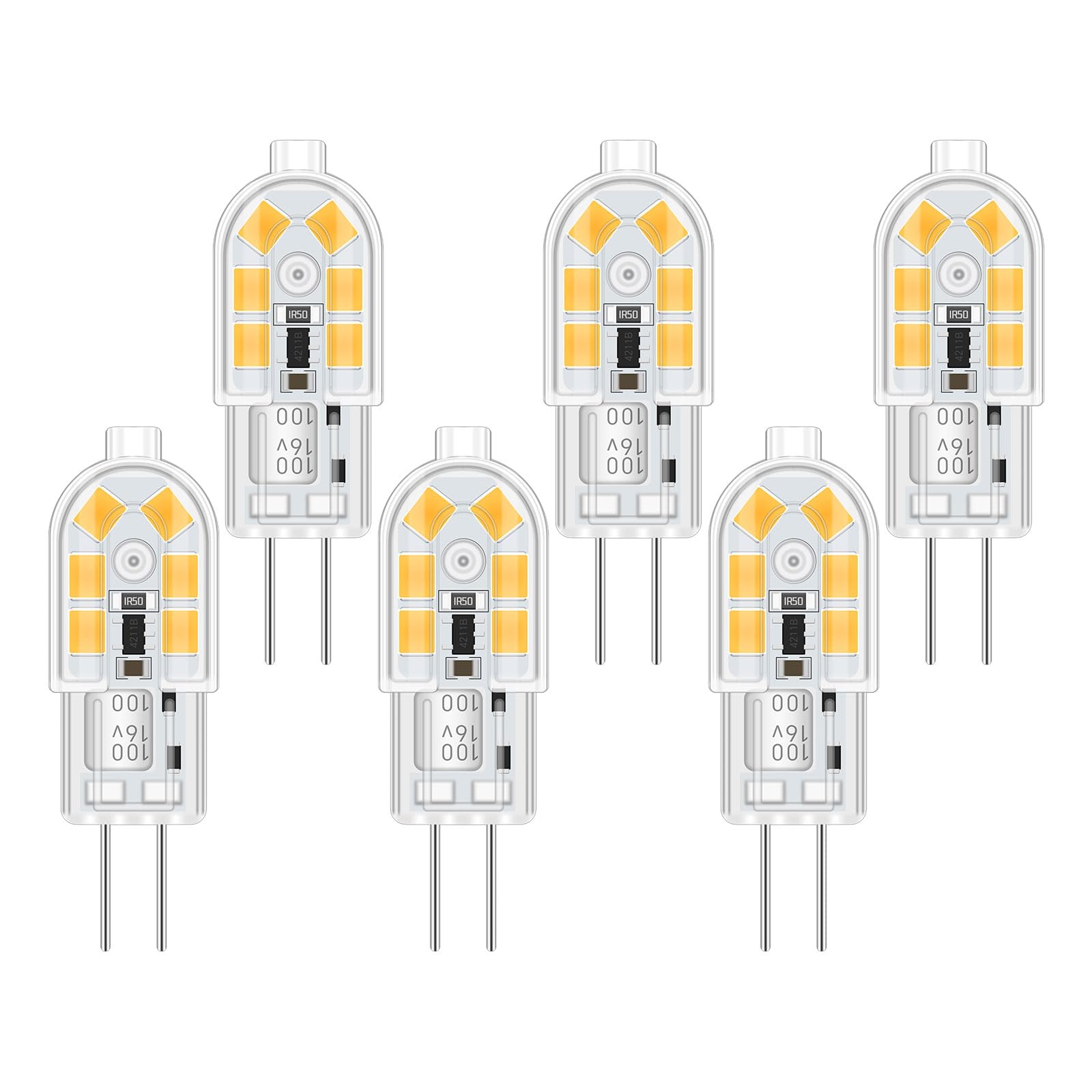 Akynite 6-Pack G4 LED Light Bulbs 12V 2W, 0.47" W, 0.16" Bi-Pin Base, 4000K