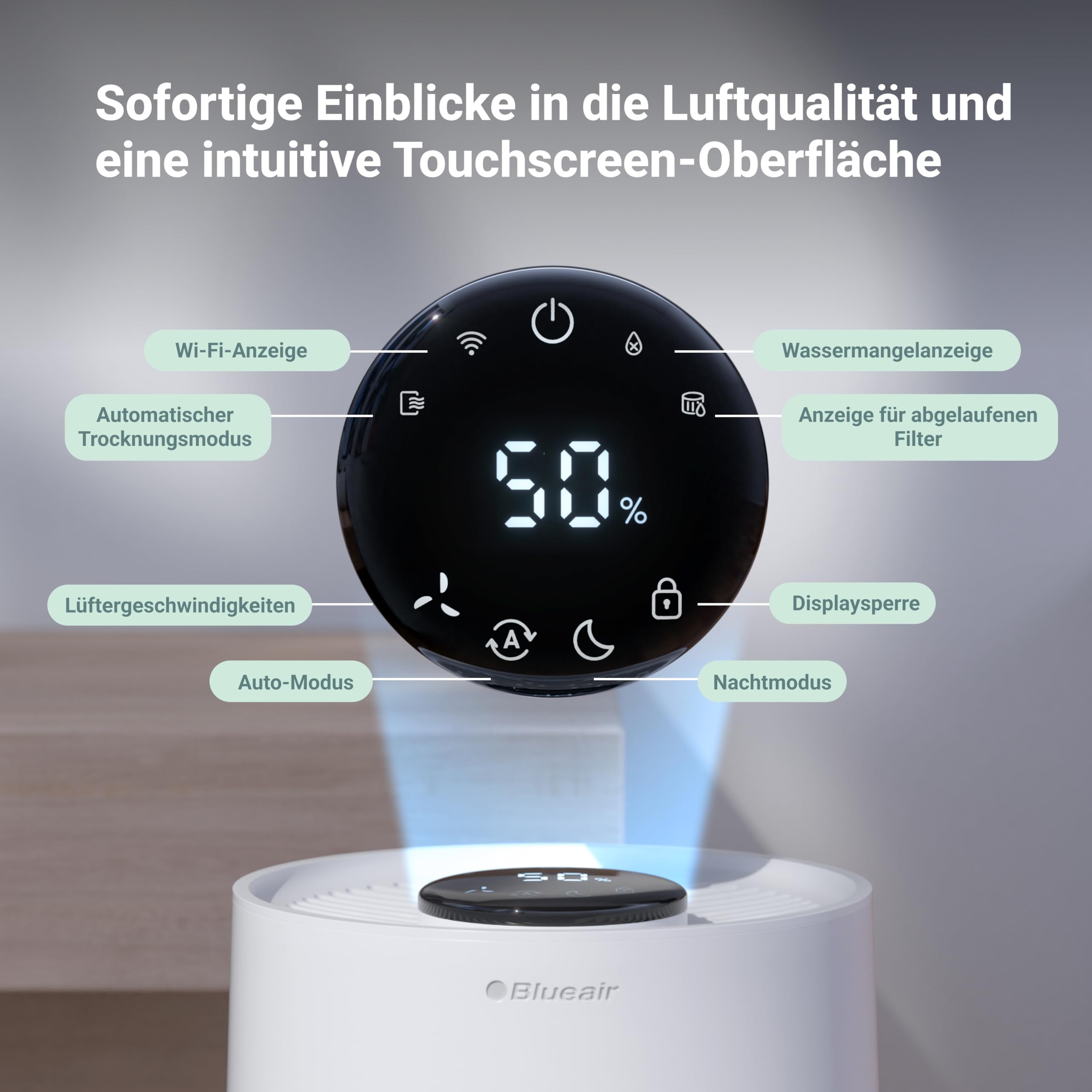 BLUEAIR Premium Smart Luftbefeuchter für Räume bis zu 46 m²: 3,5 l spülmaschinenfester Tank, besserer Schlaf dank Verdunstungstechnologie, Auto- und Nachtmodus