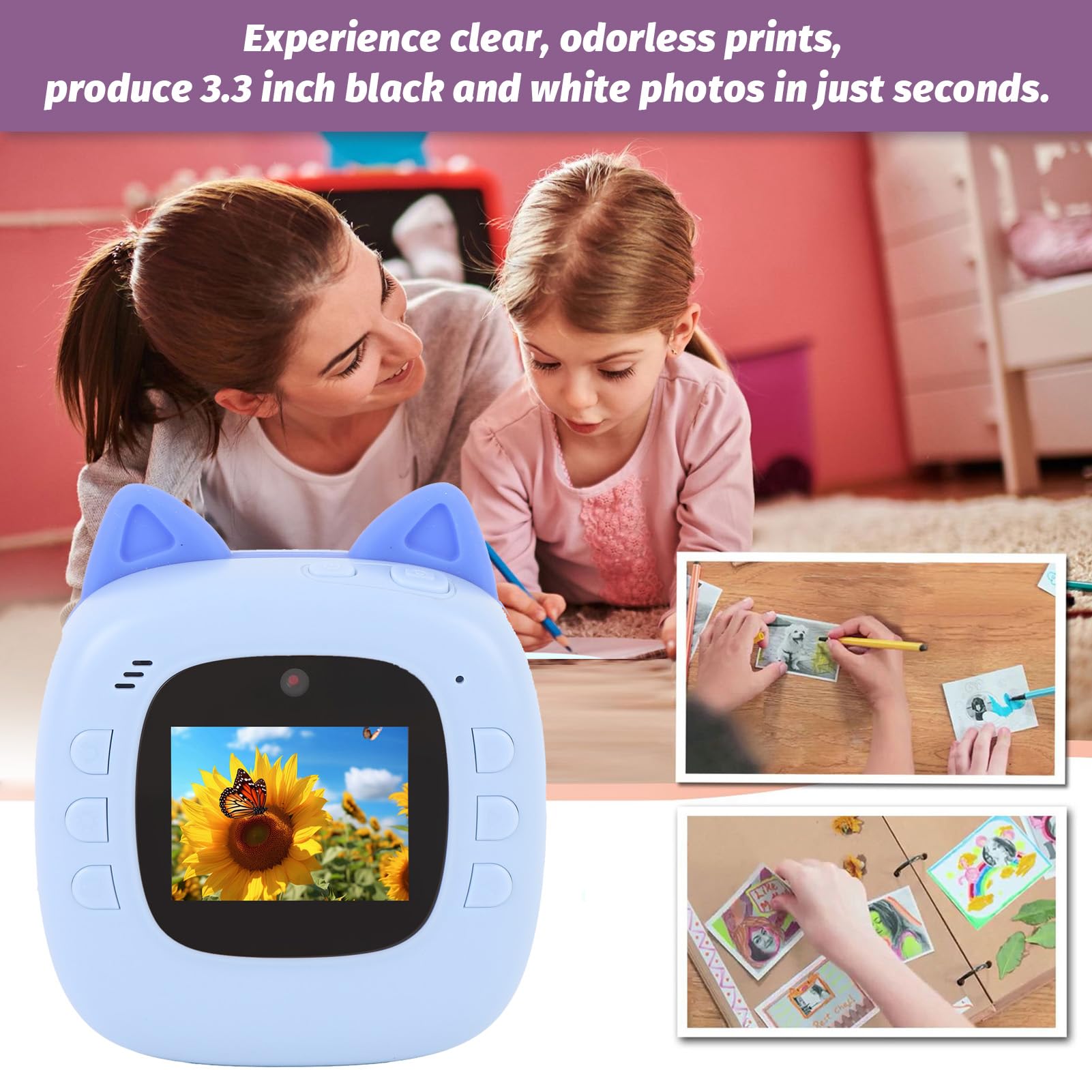 Sofortdruck-Kinderkamera, Kitty-Digitalkamera Zum Drucken von Fotos für Kinder, 4-facher Zoom, für 3-, 4-, 5-, 6-, 7-, 8-, 9- und 10-jährige Mädchen und Jungen, mit