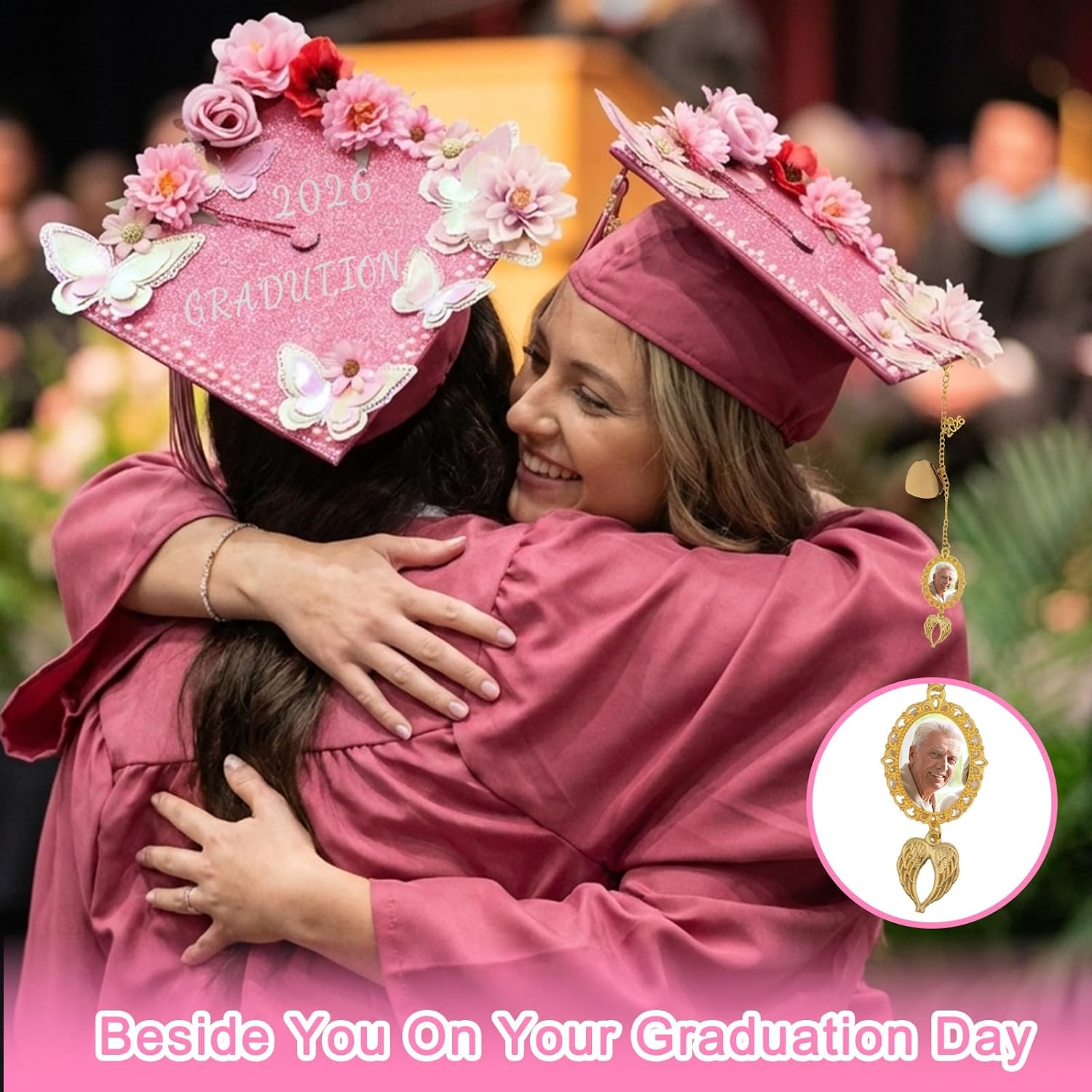 Graduation Cap Decorations Kit,Pink & Black Glitter Cardboard Stickers Faux Assorted Flowers 3D Butterfly Pearl Rhinestones Alphabet Number Decals for DIY Hat Grad Cap Topper Graduation Decor Supplies