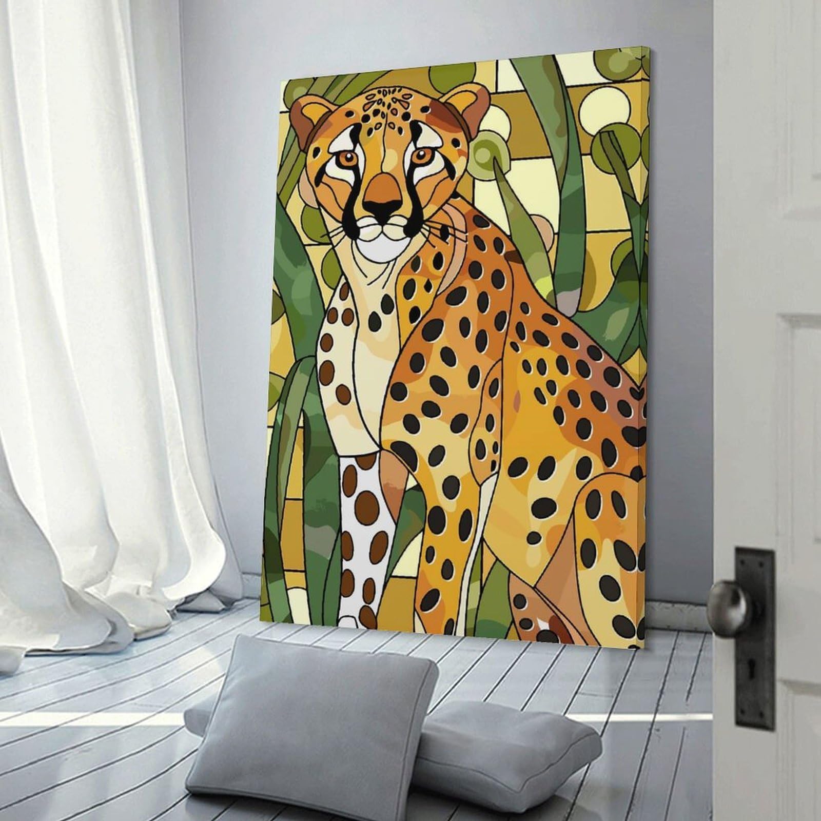 Junmoney Stained Glass Cheetah Portrait Hanging Wall Art 16x24inch(40x60cm), for Small Homes, Bedrooms Or Open Spaces, An Easy Choice for New Home Styling
