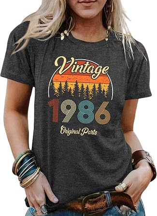 40th Birthday Gift Shirts for Women Vintage 1986 Shirts Retro Birthday Party Top Casual Short Sleeve Tee Tops