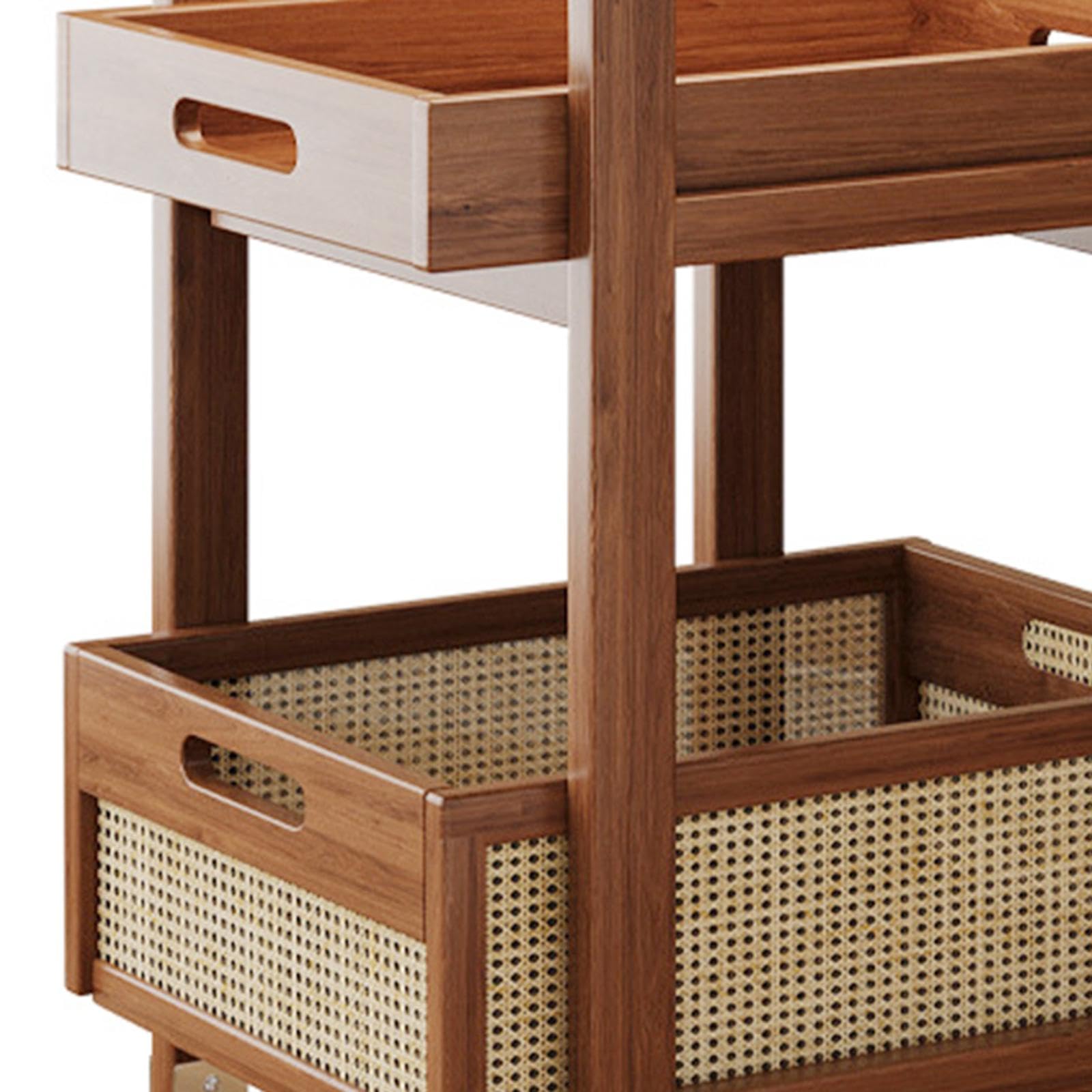 Carrello mobile da tè con design a 2 ripiani, per casa e dormitorio, carrello multiuso in bambù e MDF, con ruote e ruote bloccabili