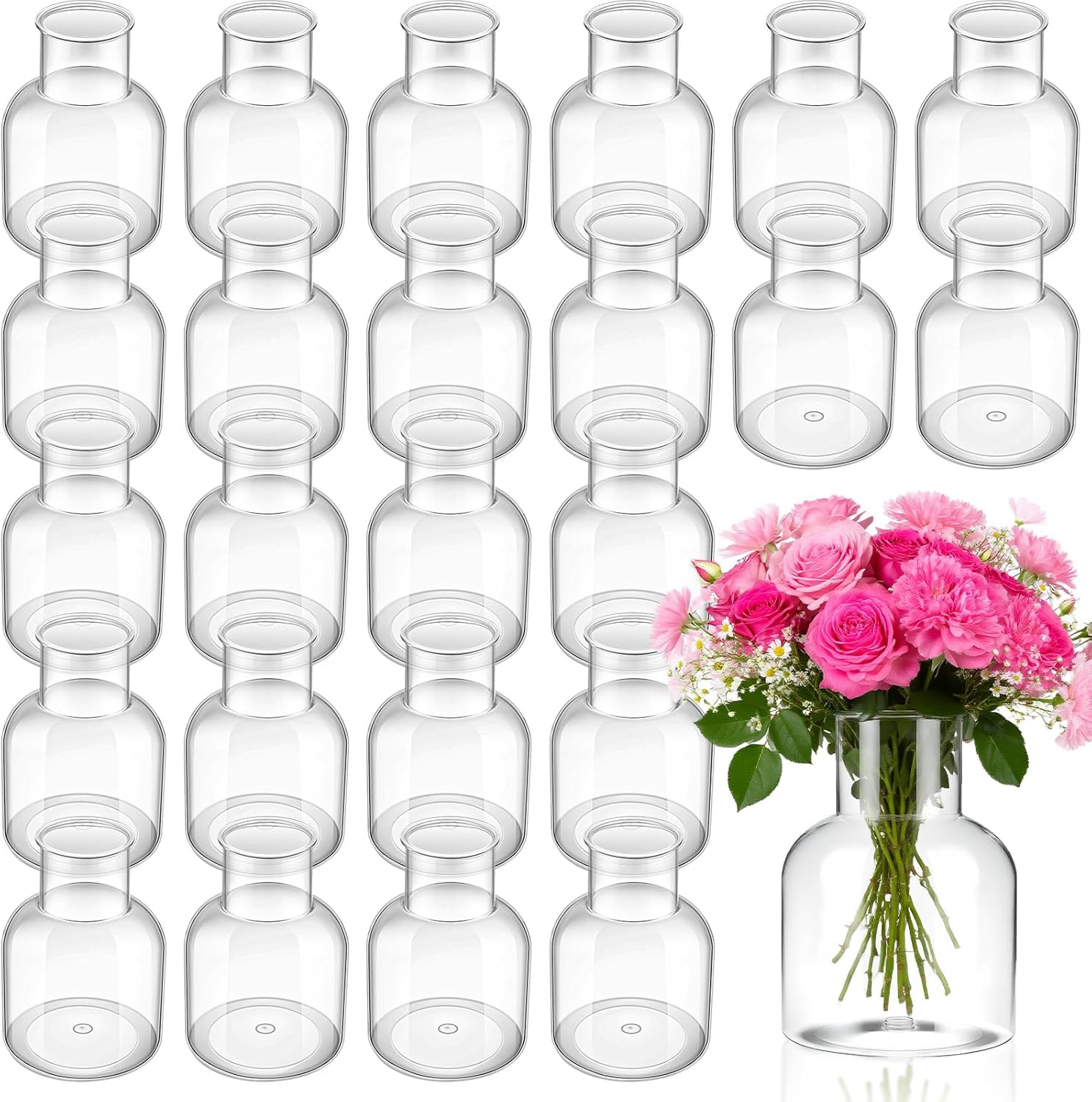 Mumufy 24 Pcs Plastic Bud Vases in Bulk Small Clear Flowers Vases for Centerpieces Wedding Decorations Home Banquet Formal Dinners Party Table Decor (3.94 x 5.31 Inches)