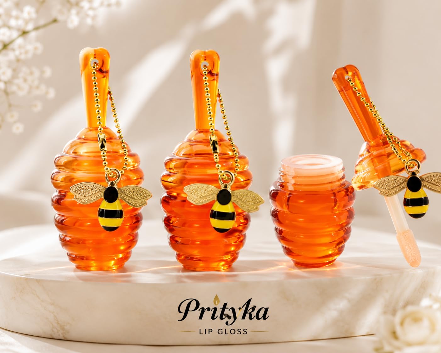 Honeybee Plumping Lip Glow Oil Set (Pack of 3) | Glass Shine Tinted Honey Pot Lip Gloss Kit | Ultra Moisturizing Non-Sticky Nourishing Lip Balm Care and Repair Combo Gift Pack for Girls and Women-image-0